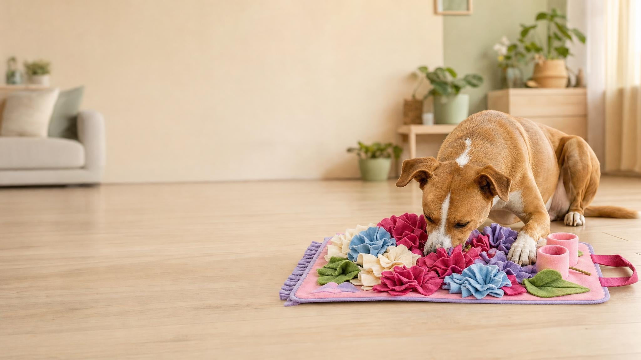 Dog searching for treats on the snuffle mat