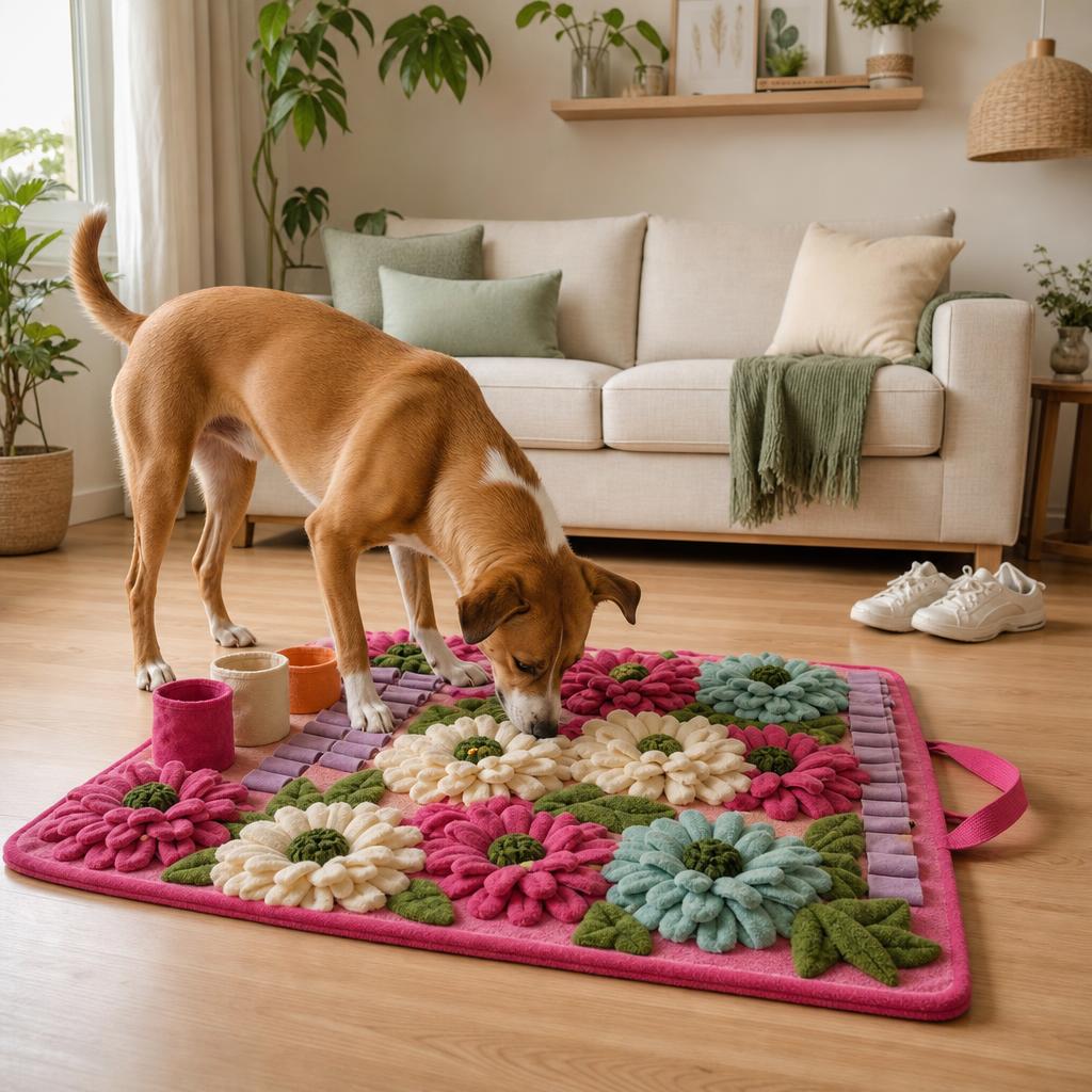 Dog busy with the snuffle mat in a tidy living room