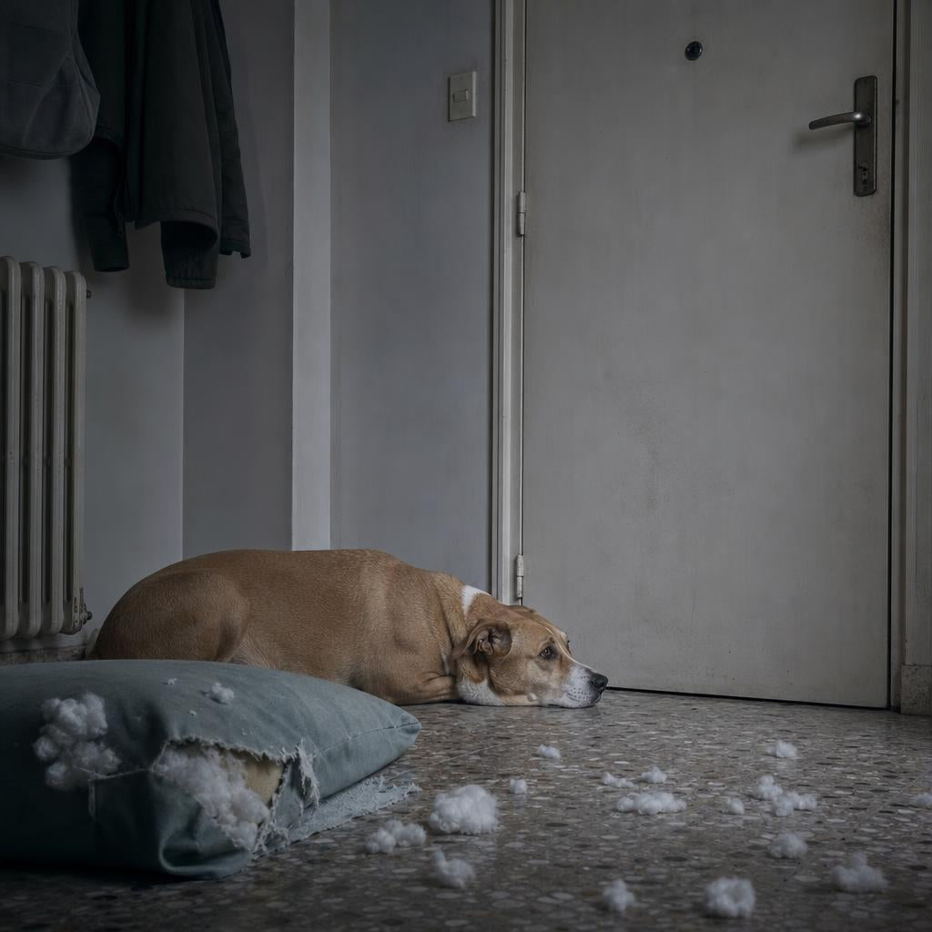 Bored dog alone by the door